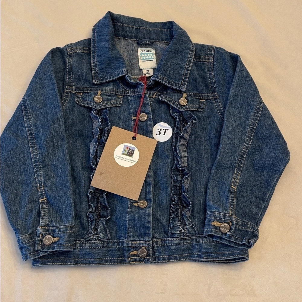 Handmade! Old Navy Kids Blue Denim Jacket with Fun Wool Felt Patches, sz 3T - Picture 2 of 8